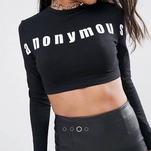 Black Crop Top White  Anonymous Print Long Sleeve
